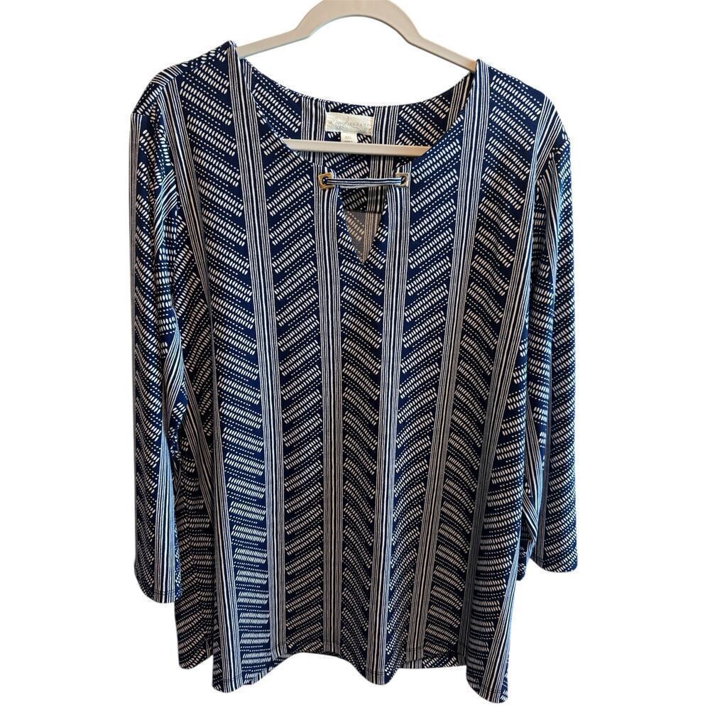 Magnolia Grace Primmie Keyhole Navy White 3/4 Sleeve Top Blouse Size XXL